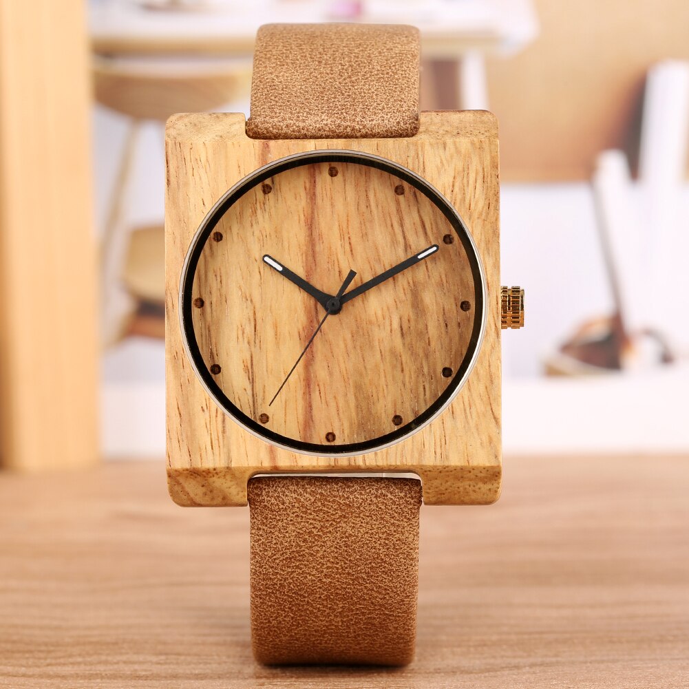 Houten horloges eenvoudig lichtgewicht bamboe polshorloge met bruine leren band vierkante wijzerplaat quartz uurwerk voor mannen vrouwen: Bruin