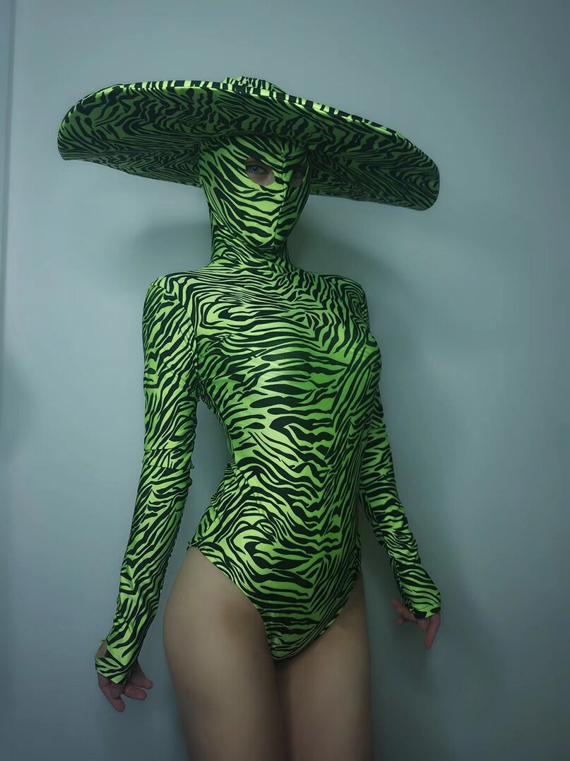 Disfraz de gogo para club nocturno, sombrero grande, traje de baile de cebra, sexy, , chica, Ropa de baile de escenario: green