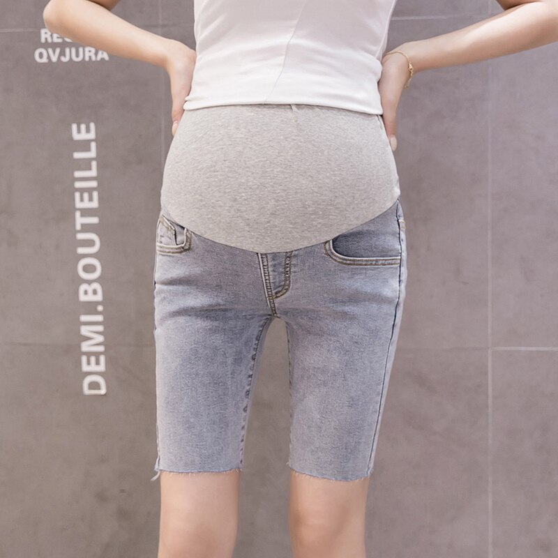 Jeans høj talje mave slank stretch shorts lyseblå denim capri-bukser barsel tøj gravide kvinder 1098