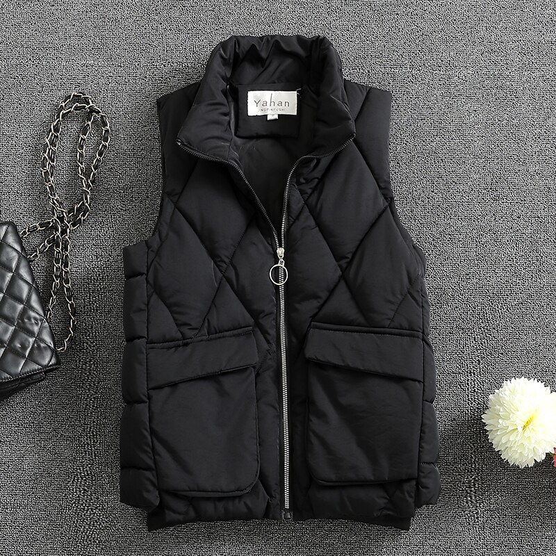 Chaleco con cremallera para mujer, chaqueta sin mangas con cuello levantado, color negro, para otoño e invierno,: Negro / L