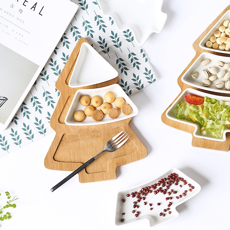 Christmas Tree Shaped Ceramic Snack Fruit Dishes Dinner Plates Dinnerware With Bamboo Tray Wedding Party Supplies