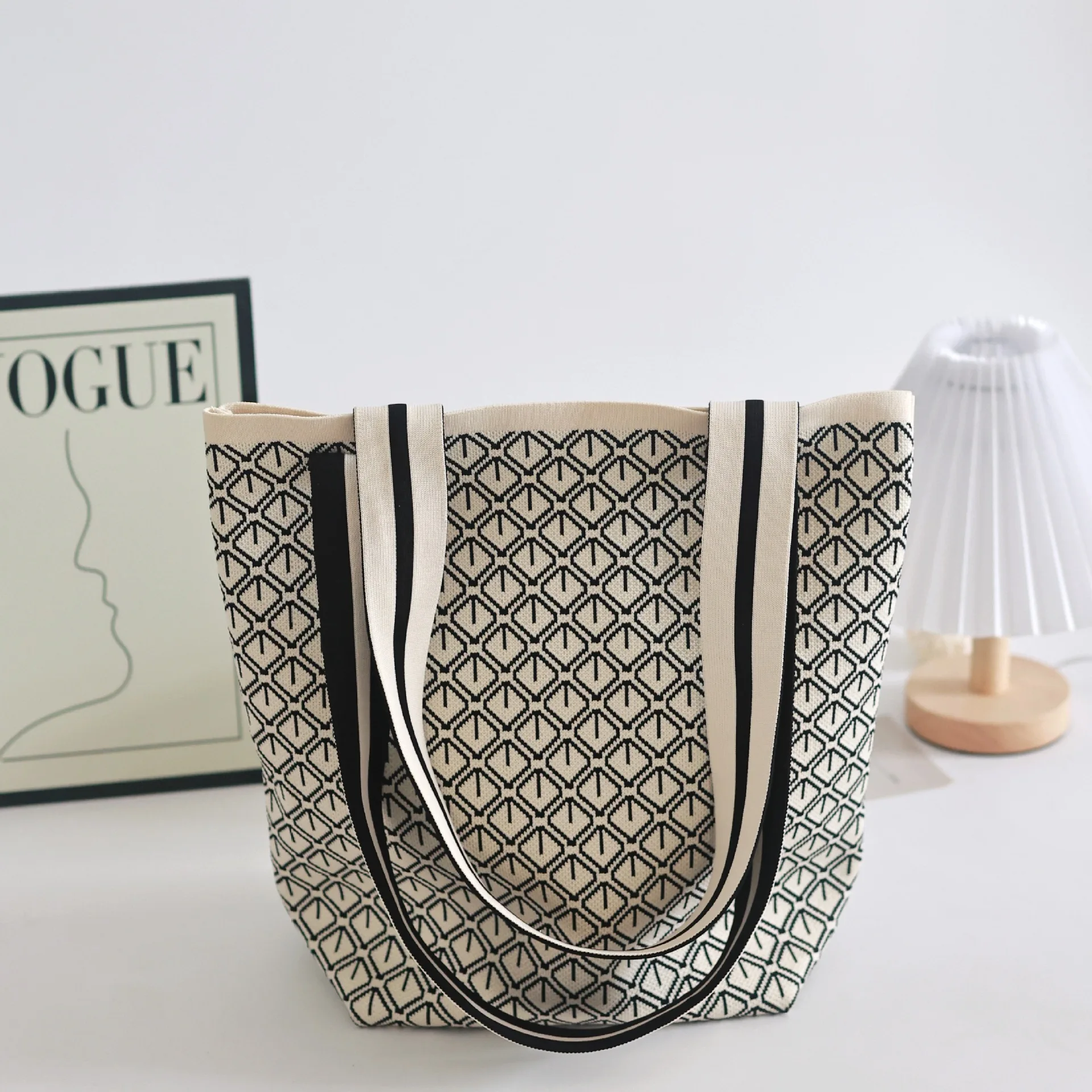 Bolso tipo cubo de punto de alta gama, bolso de hombro para mujer, bolso de de gran capacidad, estilo minimalista Neutral, fibra de poliéster