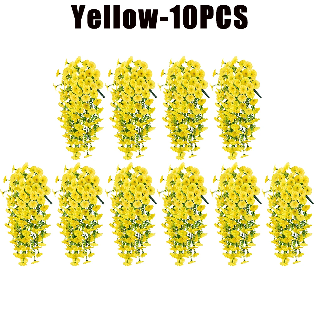 Flores artificiales colgantes, plantas de seda sintética, moradas, gloria matutina, enredaderas largas, resistentes a los rayos UV, realistas para decoración de jardín y balcón: YELLOW