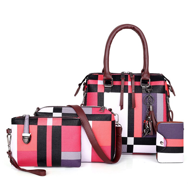 SMOOZA 4-Piece Plaid Handbag Set for Women - Luxury Shoulder Bags with Tassel & Zipper Closure: Red