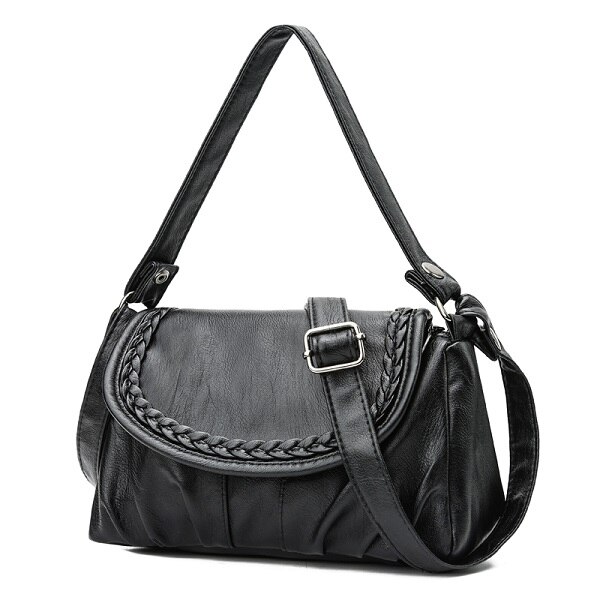 Kvinnlig liten väska vävda solida axelväskor mjukt pu läder dam messenger crossbody väskor med lock: Svart 3