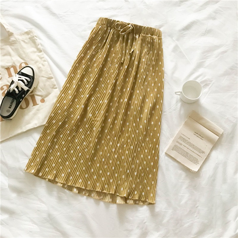 Geplooide Lange Midi Rok Vrouwen Polka Dot Print Lace Up Rokken Elegante Vrouwelijke Elastische Taille Rok