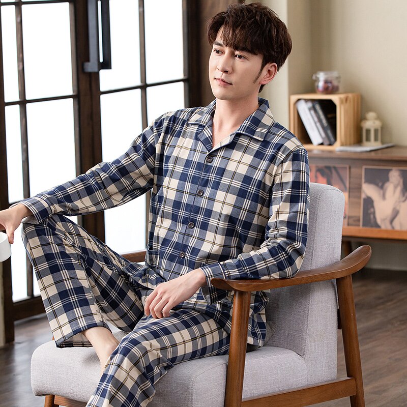 Pyjama 100% coton pour homme, tenue de nuit à la , vêtements chauds pour la maison, à carreaux PJ, automne
