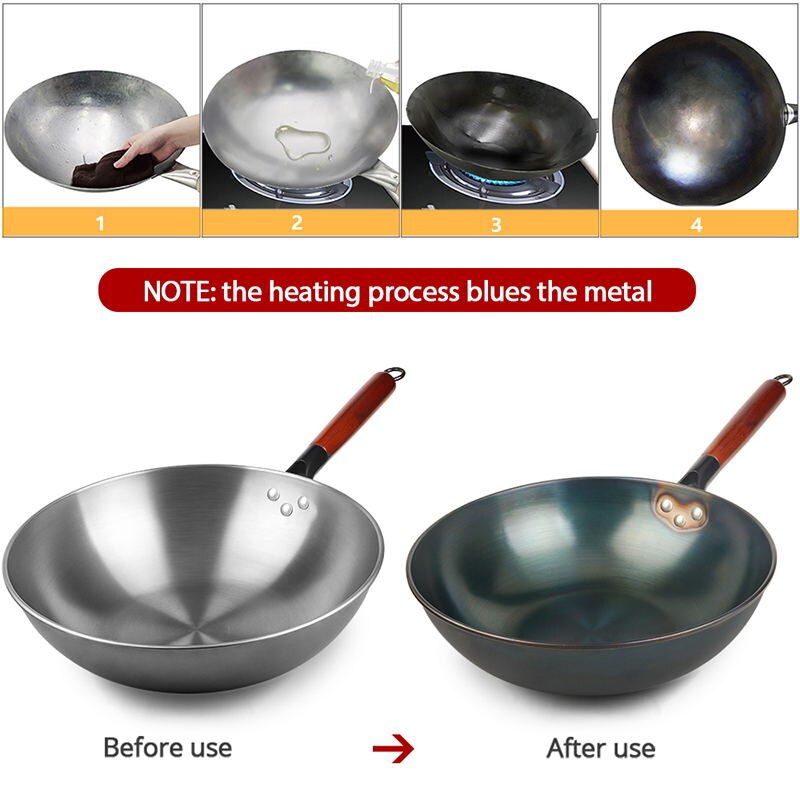 Traditionele Chinese Wok Ongecoat Non-stick Wok Pan Inductie Kookplaat Steak En Ei Koekenpan Houten Handvat Keuken Kookgerei
