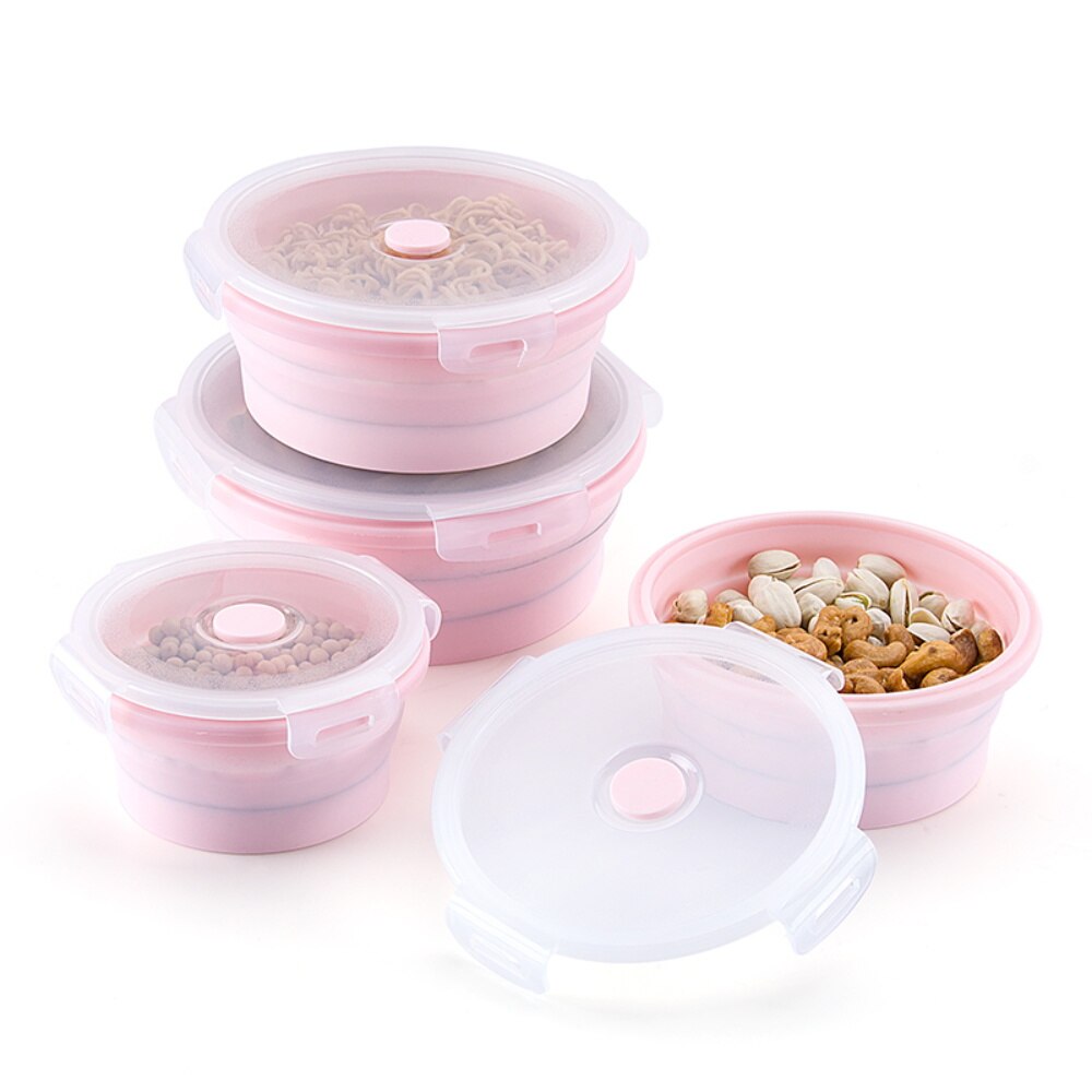 Silicone Pliable De Récipient De Stockage De Nourriture avec Le Couvercle Hermétique et Bols de Préparation de Repas Boîte À Lunch Ronde pour L'extérieur Micro-ondes: Pink / Three piece set