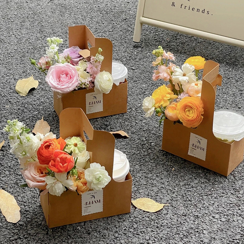 10 st kaffeblommor/kaka/dessertförpackningsask bärbar blompåse kraftpappershållare fotogåva dryckesbärare med handtag