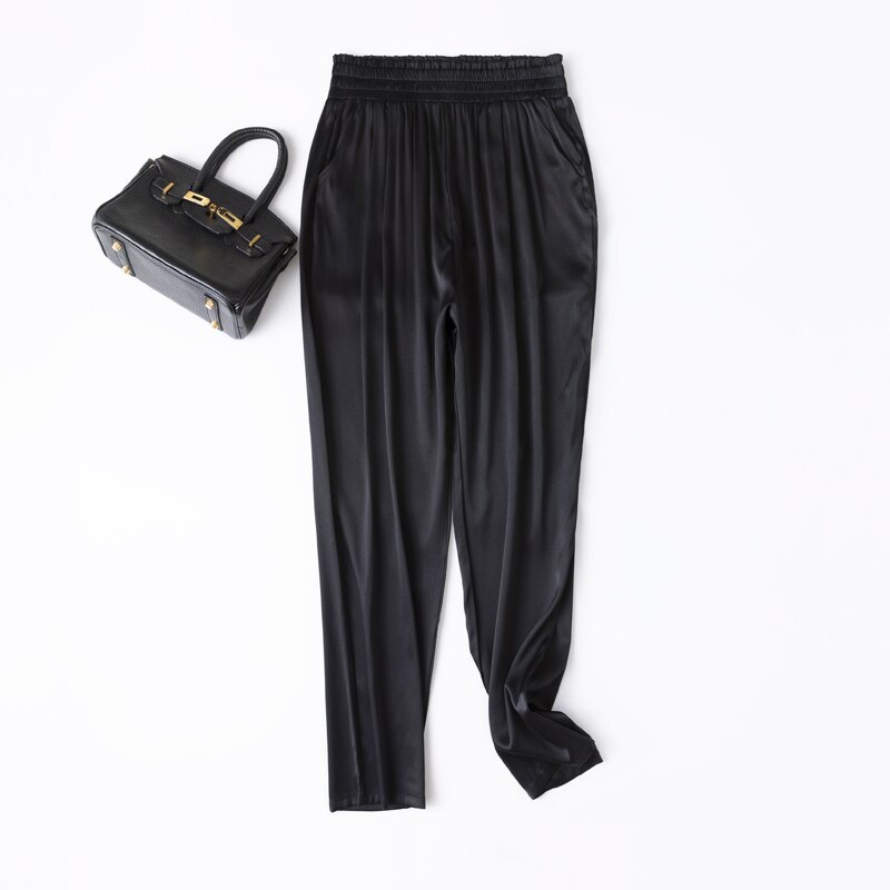 Vrouwen 93% Zijde 7% Spandex Satijn Zijde Lange Broek Broek Harembroek Mode Elastische Taille Vele Kleuren L1013: black