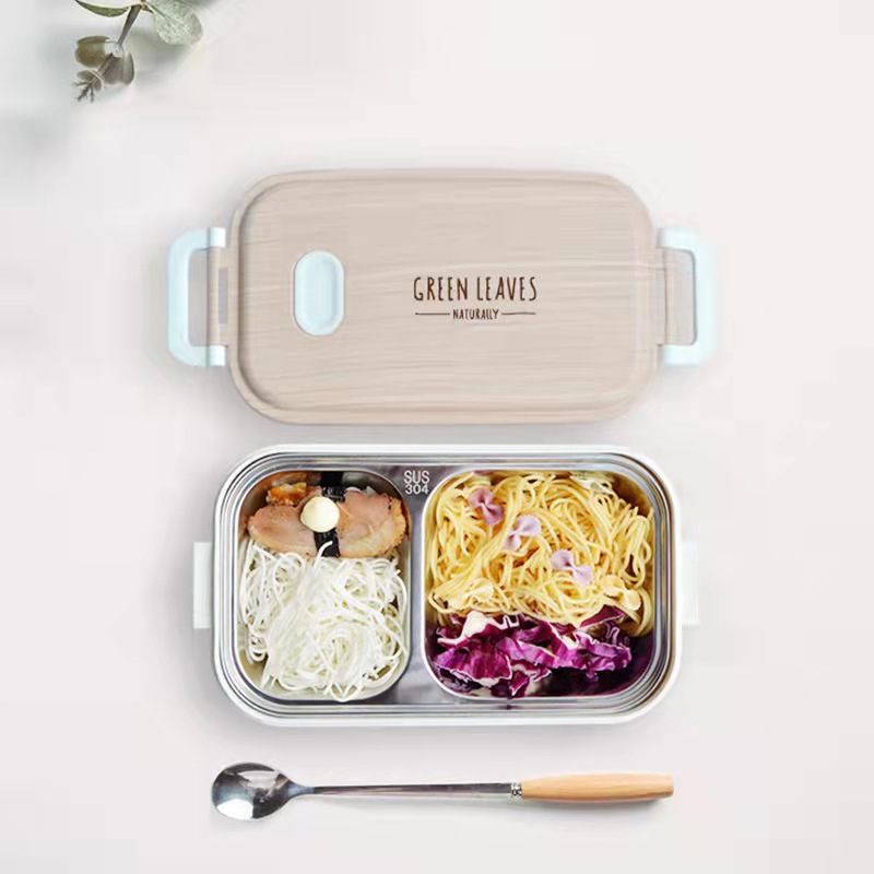 Wood Grain Lunch Box, Multi-layer Bento Box, Anti-scalding Student Heat Preservation Stainless Steel Office Worker Lunch Box