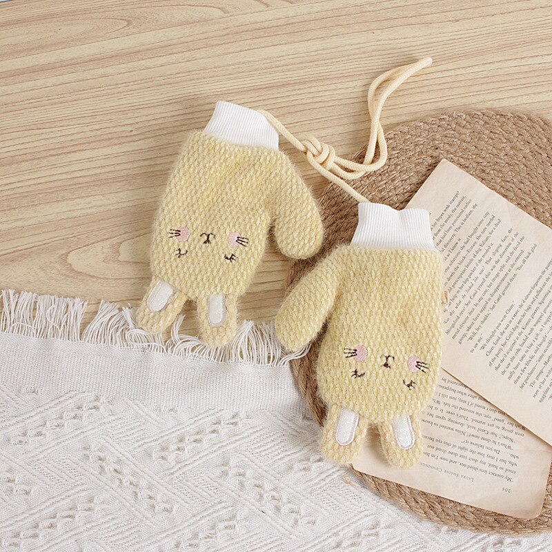 Girl Gloves Korean-Style Cartoon Bear Rabbit Children's Knitted Winter Warm Baby Halter Knitting Wool Gloves 2-6T