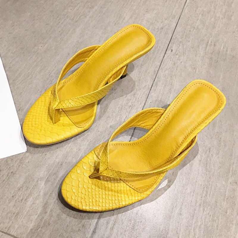 Kcenid sommar kvinnors tofflor utomhus slip on gul sandal flip flops tofflor dam tunna höga klackar slides dam skor: Gul / 4