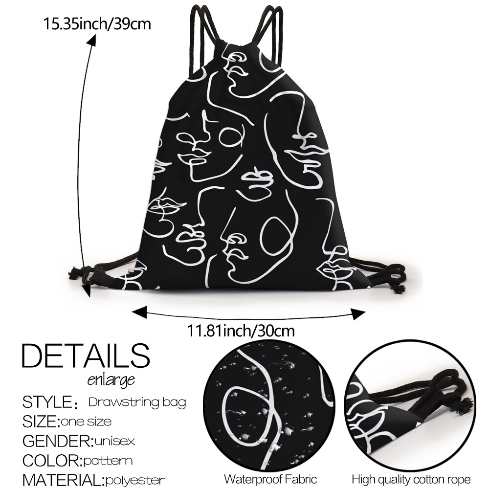 Deanfun Trendy Drawstring Bag Abstract Line Face Printed Black Backpack Women Function Storage Softback 60462