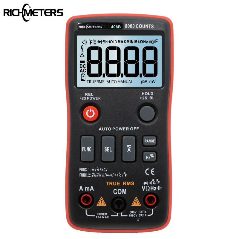 RM408B Digitale Multimeter Knop 8000 Telt True-Rms Temperatuur Test 5Mhz Frequentie Acdc Spanning Stroom 9.999mF Capaciteit