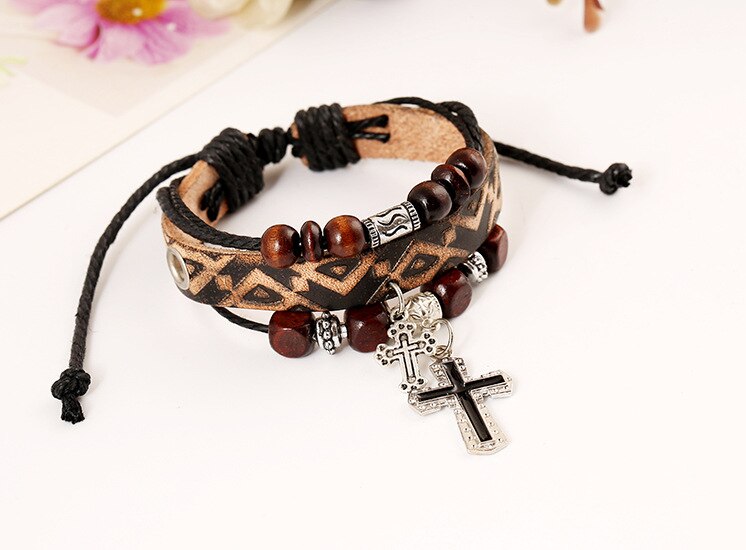 4 Layers Charm Bracelet for Women Men Leather Rope String Beads Jesus Christ Cross Jewelry 17cm Adjustable Handmade: imprint flower