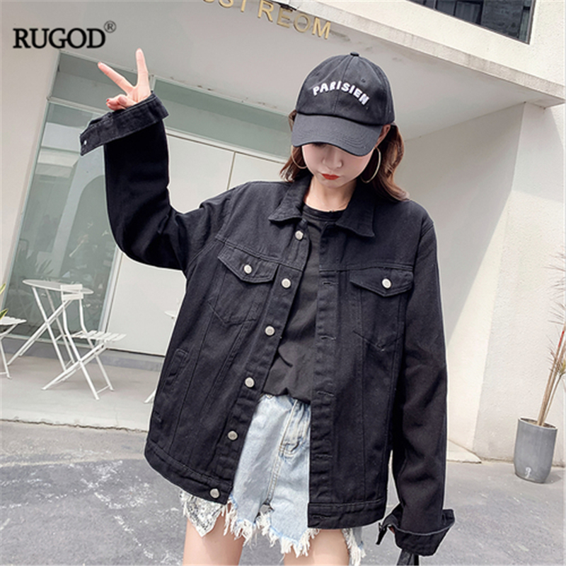 RUGOD Autumn Women Black Denim Jacket Back Abstract Pattern And Letter Print Loose Slim Coat High Street Casual