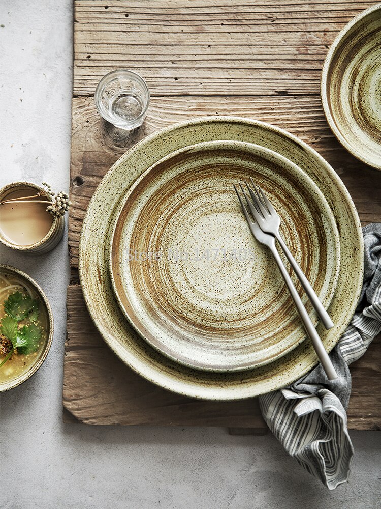 Japanese Style Handmade Ceramic Retro Home Restaurant with Fish Deep Dish Steak Plate Rice Bowl Teacup