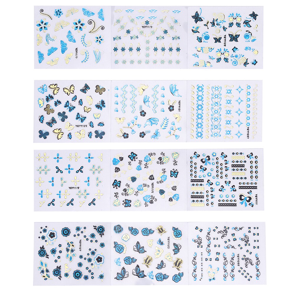 24 stks/partij Goud Blauw Folie Nail Stickers DIY Glitter Beauty 3D Nail Art Decorations Stempelen Manicure Stickers Voor Nagels Decals