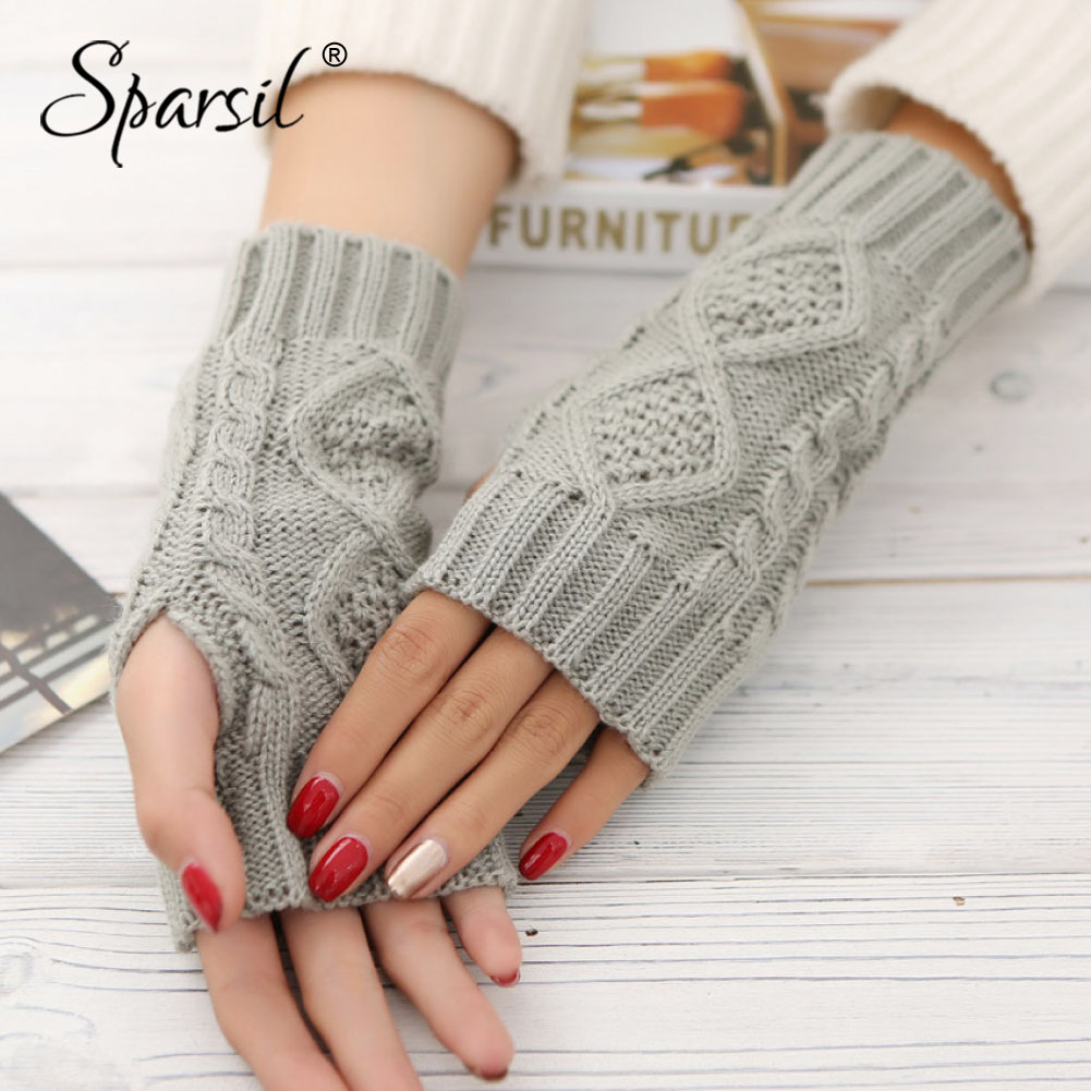 Sparsil kvinder vinterstrik fingerløse handsker varm uld strikhandske 20cm jacquard halvfinger vanter elastisk kort håndledsbeskytter