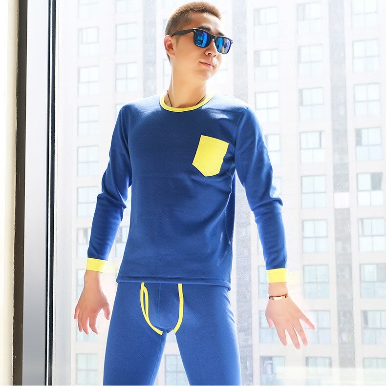 Heren dubbele lagen strakke thermische pakken fluwelen verdikking lange onderbroeken winterpakken (voor een set): Blauw / Xl