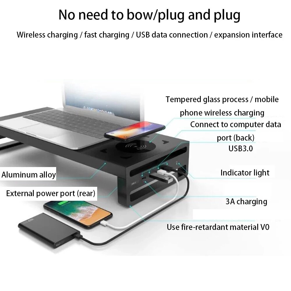 Supporto per Monitor per Computer portatile Multi supporto per Riser scrivania usb 3.0 Base per caricabatterie Wireless supporto per trasferimento dati e ricarica scrivania in acciaio