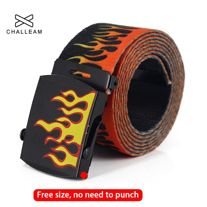 Ceinture longue imprimée flamme pour hommes et femmes, unisexe, en toile unie, , Jeans, sangle à boucle métallique, 130cm, 379