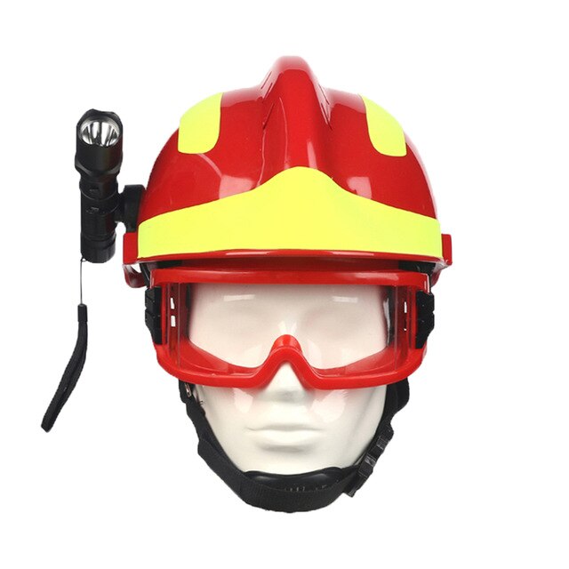 Safety rescue helmet with headlights and fire glasses, ABS safety helmet, fire fighting, safety helmet: red