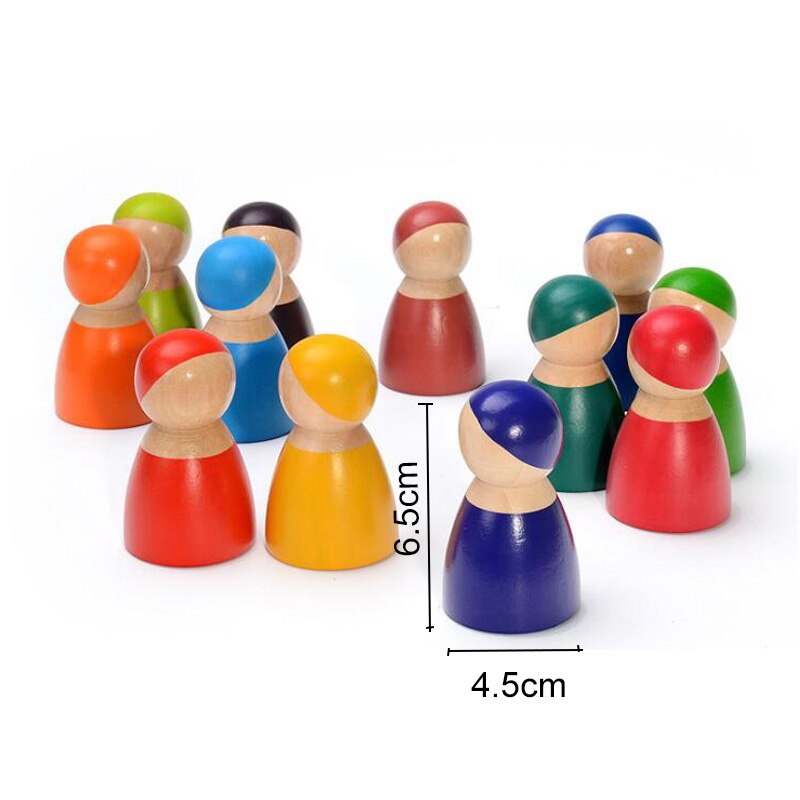 13 pièces/ensemble Montessori jouets en bois arc-en-ciel blocs amis Peg poupées corps bébé semblant jouer personnes FiguresRainbow empileur: 12pcs rainbow man