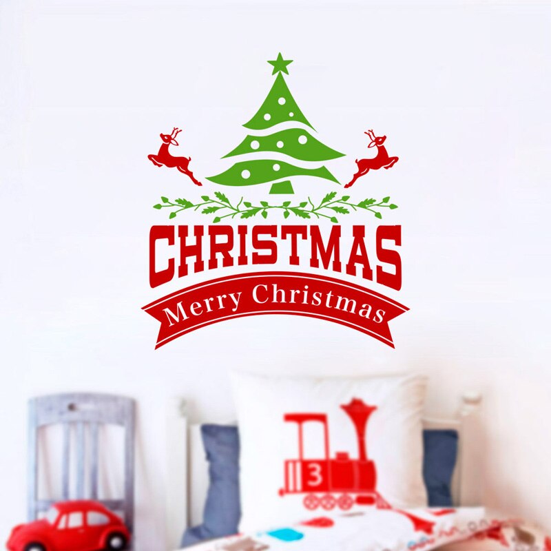 Merry christmas tree wallsticker jul elgfestival dekorasjon stue boliginnredning vindusglassdør år klistremerker