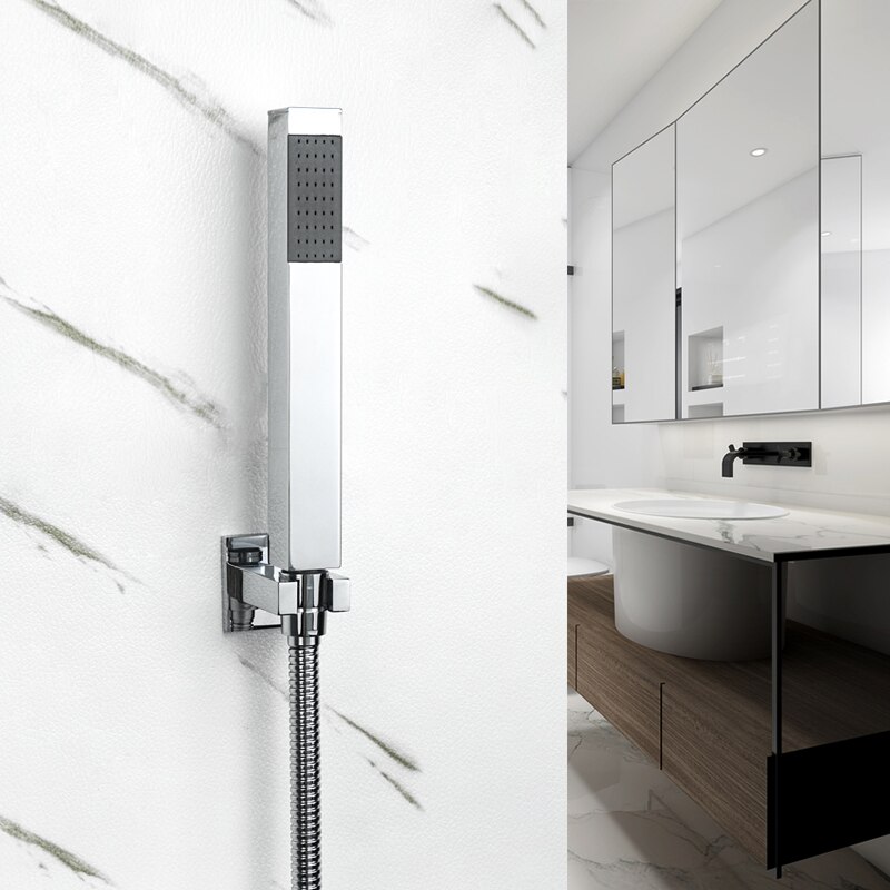 Handheld Shower Head Water Saving Chrome Plating Bathroom Rainfall Brass Square High Pressure Hand Shower Head Sprayer Holder