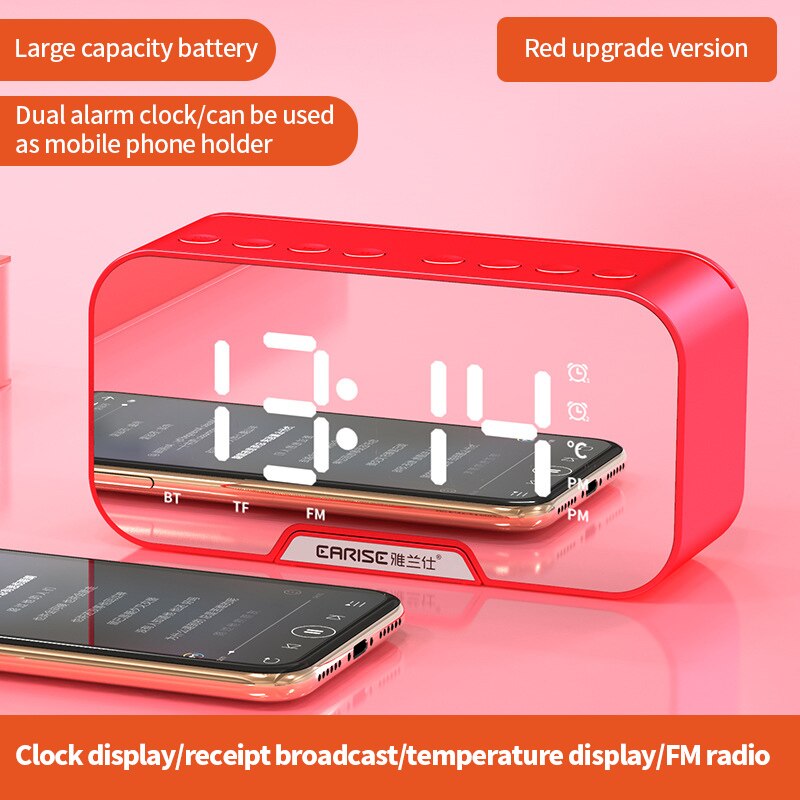Multifunction Digital Clock Bluetooth Speaker With FM Radio Wireless Subwoofer Music Player Dual Alarm Clock LED Mirror Clocks: red