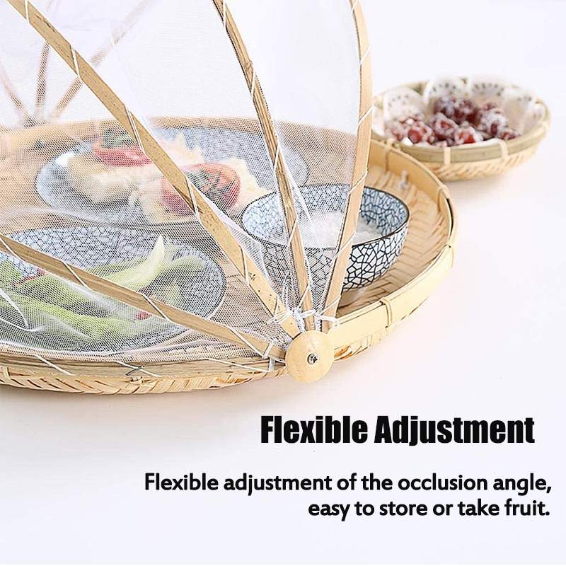 Outdoor Picnic Handmade Bamboo Woven Bug Proof Wicker Basket Dustproof Fruit Tray Food Bread Dishes Cover Gauze Panier Osier