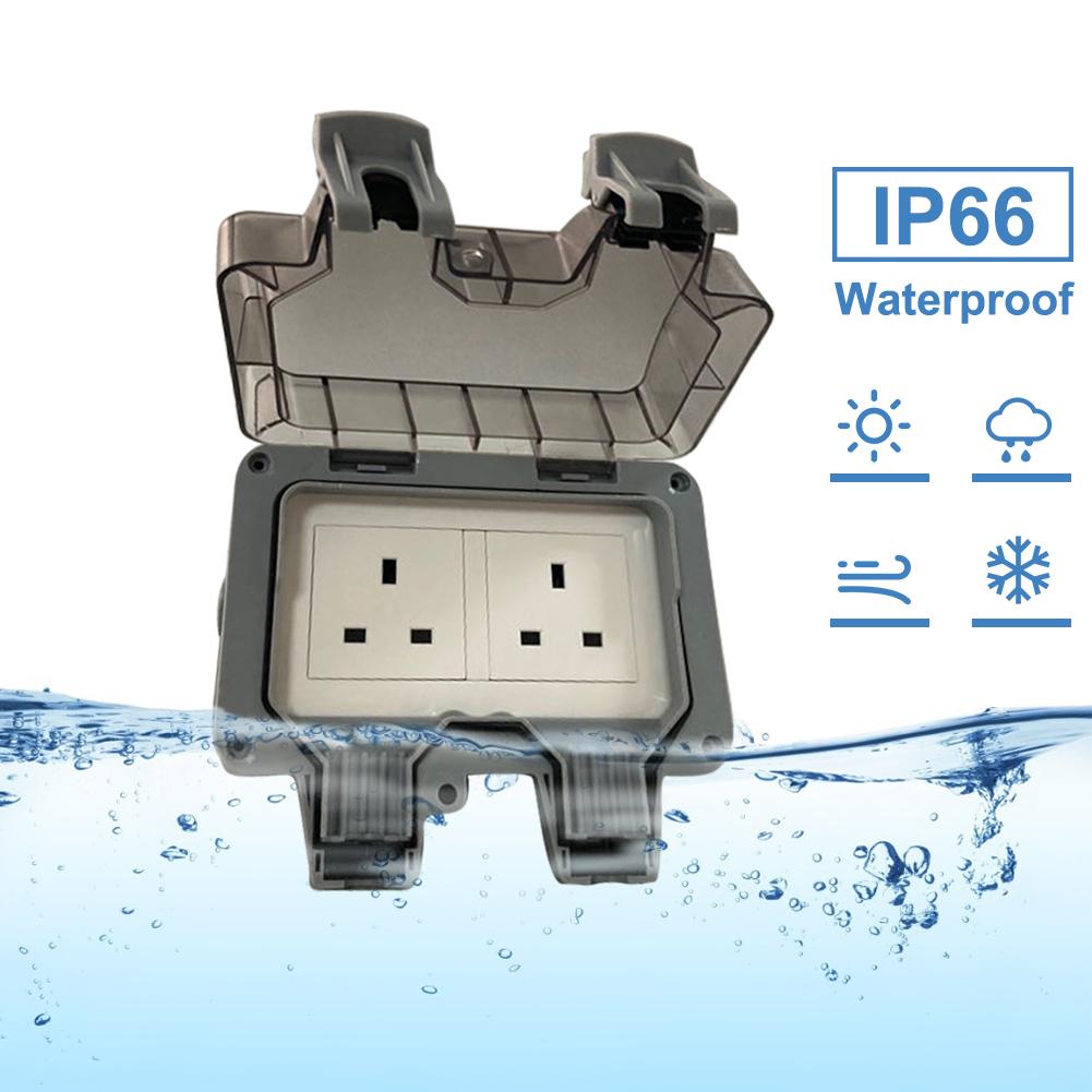 Outdoor Waterproof Wall Power Socket Double UK Standard Electrical Outlet With Lockable Cover IP66 Weatherproof For Parks Garage