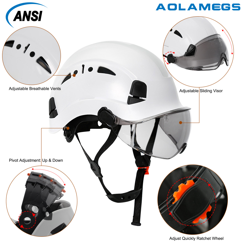 Construction Safety Helmet With Goggles Visor ABS Hard Hat Light ANSI Industrial Work Head Protection Rescue CR08