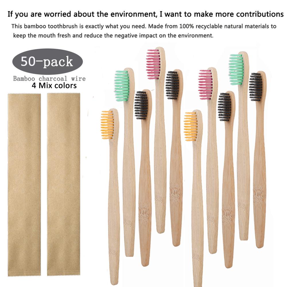 50 stks/set Milieu Natuurlijke Zachte Tandenborstel Pure Bamboe Papieren Zak Houten Handvat Tandenborstels Dental Care Tools