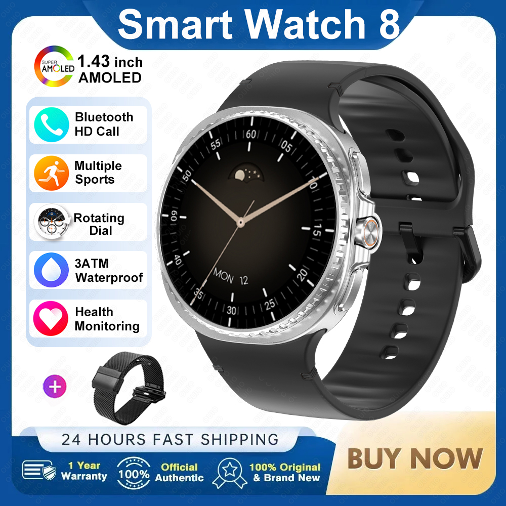2025 relógio 8 relógio inteligente masculino mostrador rotativo 1.43amoled 3atm à prova dwaterproof água bluetooth chamada nfc monitoramento do sono freqüência cardíaca relógio inteligente: CINZA