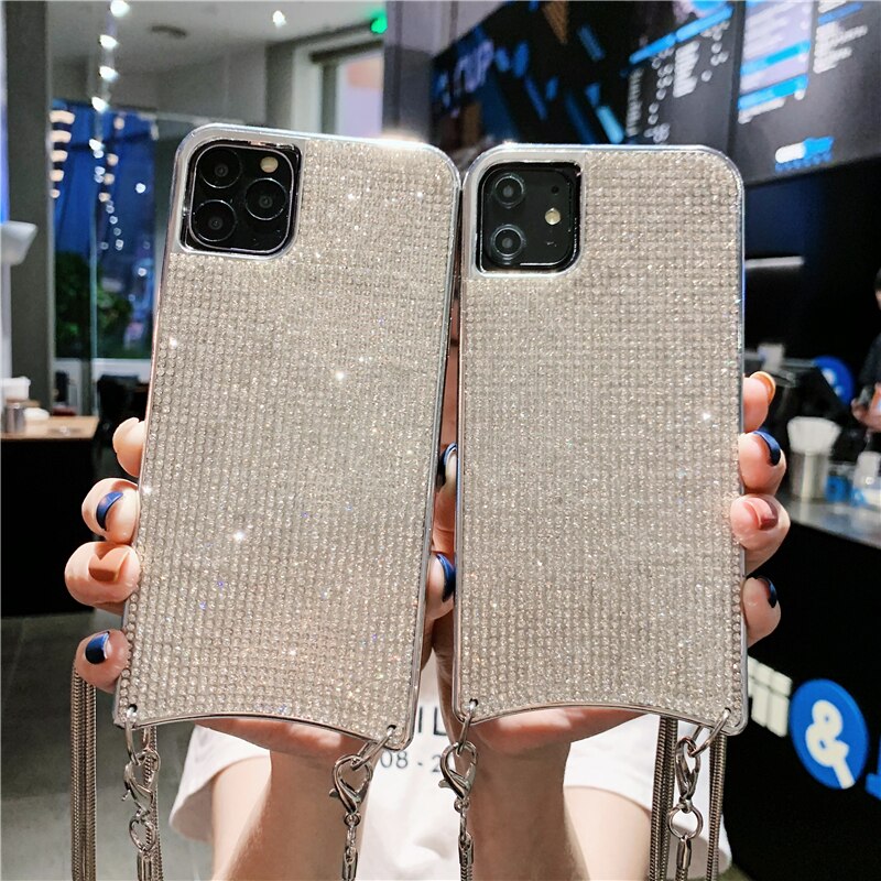 Custodia a tracolla con diamante pieno Bling a catena per iPhone 13 12 11 Pro Max XR Xs 7 Plus 8 6 6S XS SE2 borsa morbida con strass