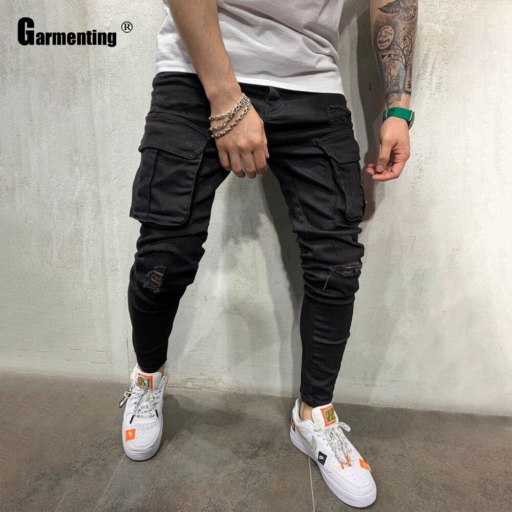 Garmenting Plus Size Mens Jeans Demin Pants Spring Autumn Hip Hop Trouser Men Casual Multi-pockets Skinny Pant