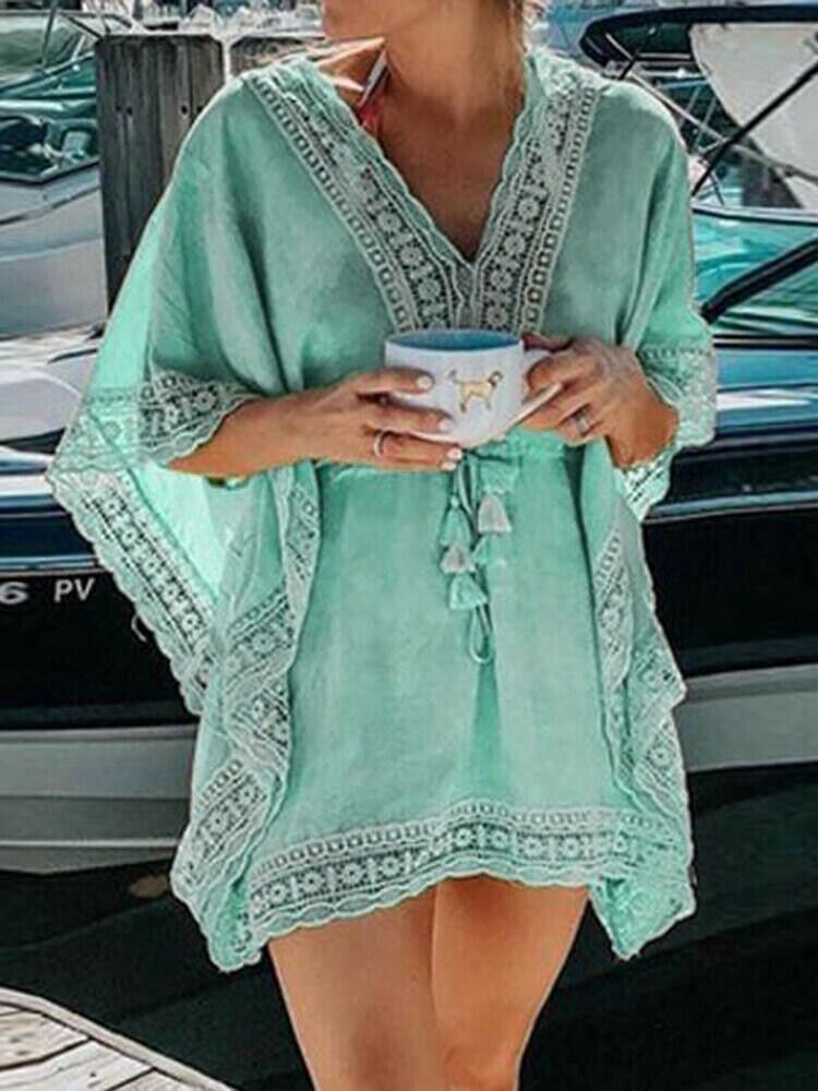 Boho strand kvinde blonder hæklet hul mini cover-ups kjole elastisk samle talje badetøj kaftan batwing badedragt dække op: Grøn