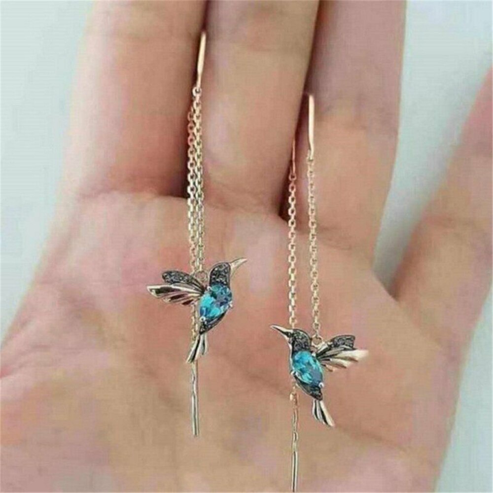 Simulering kolibri stud øreringe threader lang dråbe kvast krystal dingle til kvinder smykker charms: Guldblå