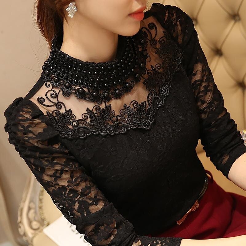 Women Sexy Lace Blouse Slim Plus size 3XL Lace Tops Long Sleeve Casual Shirt Beaded Openwork Feminine Hollow Out Tops