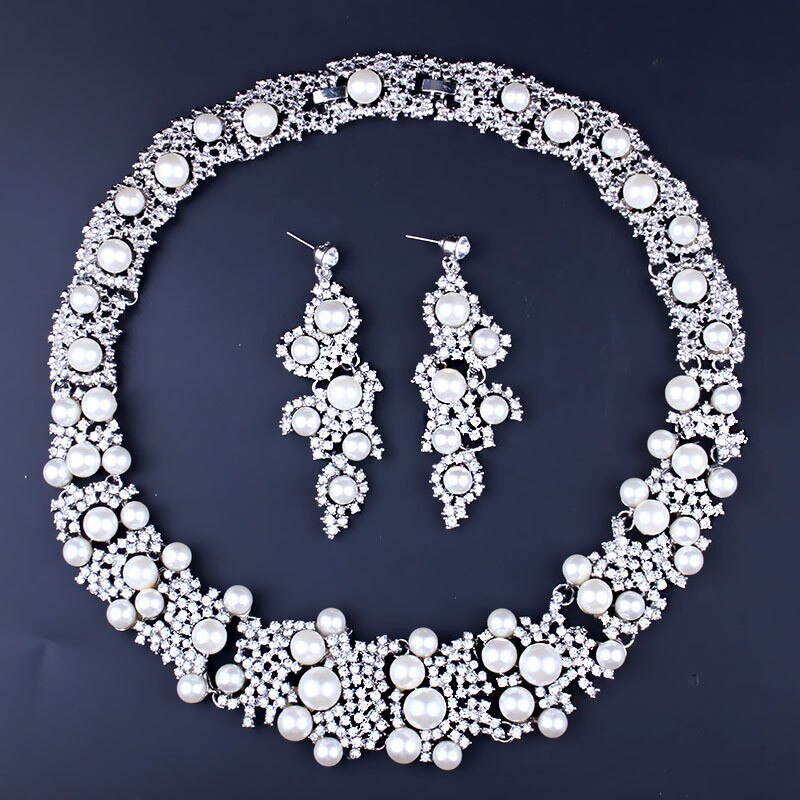 Charmante Bruid Verse Parel Sieraden Set Strass Kettingen Stud Oorbellen Set Luxe Kostuum Sieraden Accessoire Voor Vrouwen