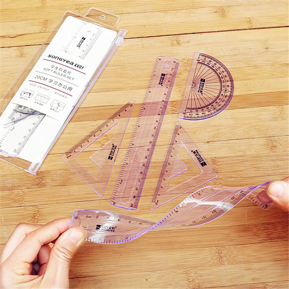 4 pcs Straight Ruler Protractor Students Math Geometry Soft Bendable Plastic Triangle Ruler Set Office School Supplies