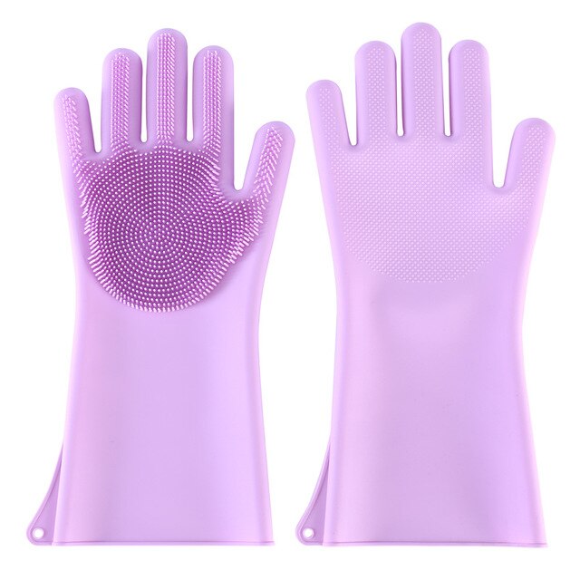 One Pair Dishwashing Cleaning Gloves Magic Silicone Rubber Dish Washing Glove For Household Scrubber Kitchen Clean Tool Scrub: One Pair Purple