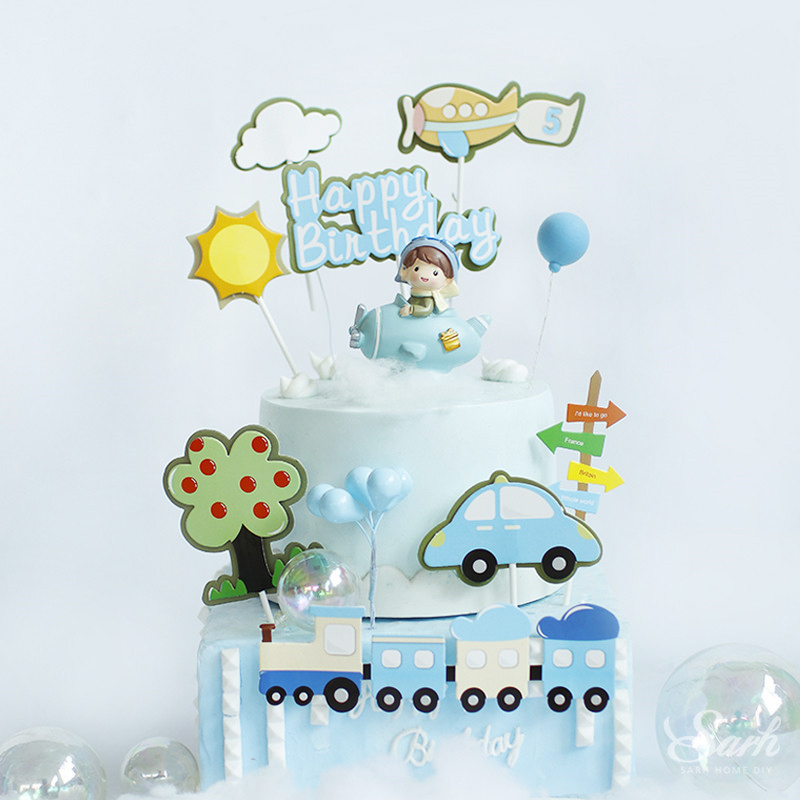 Zon Trein Fighter Windmolen Pilot Meisje Jongen Gelukkige Verjaardag Cake Topper Voor Bakken Suplies Party Decoratie Kid Zoete