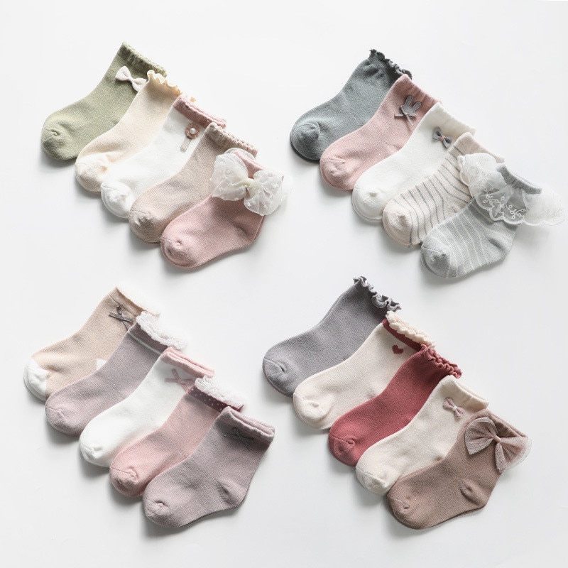 Chaussettes en coton pour filles, 5 pièces, en dentelle, avec nœud, Style princesse, accessoires pour enfants, automne et hiver