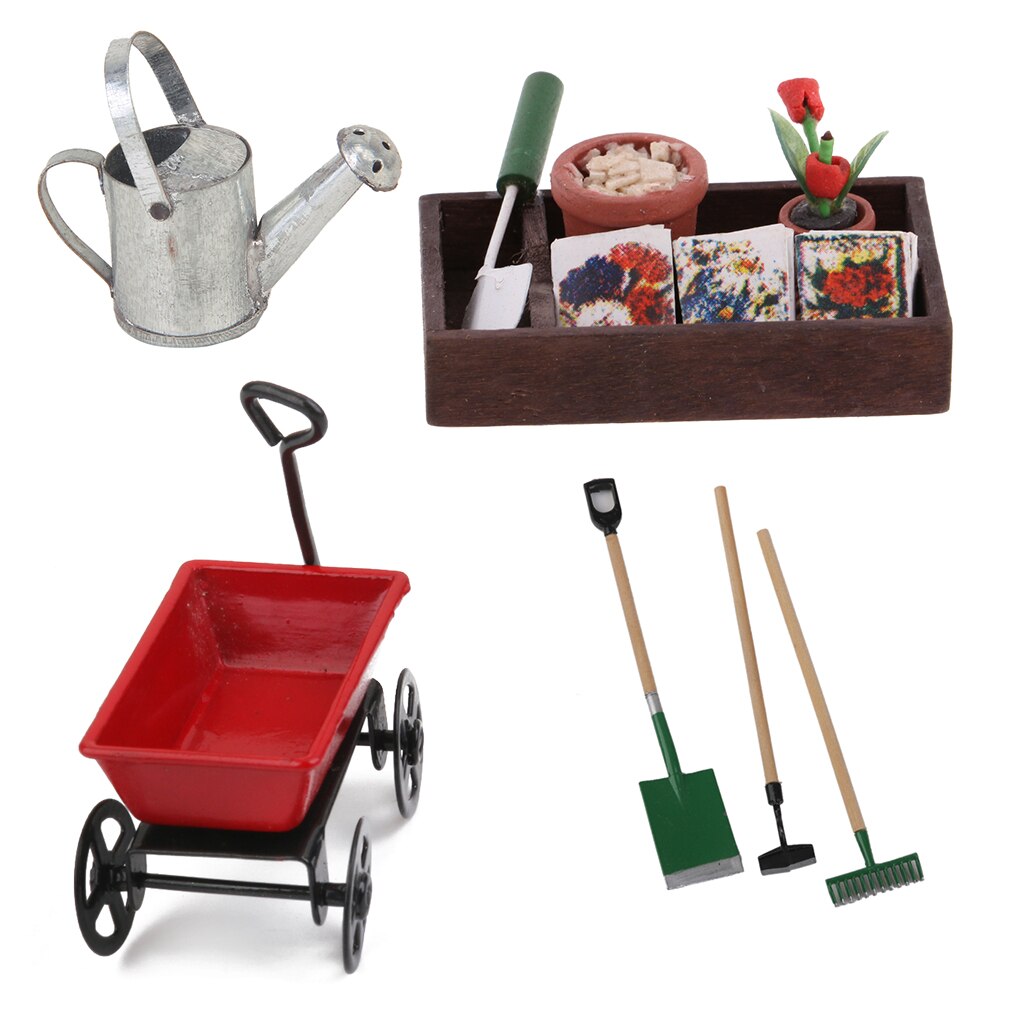 1/12 Dollhouse Miniature Horticulture Box, Pulling Cart & Garden Tools Kids DIY Accessories