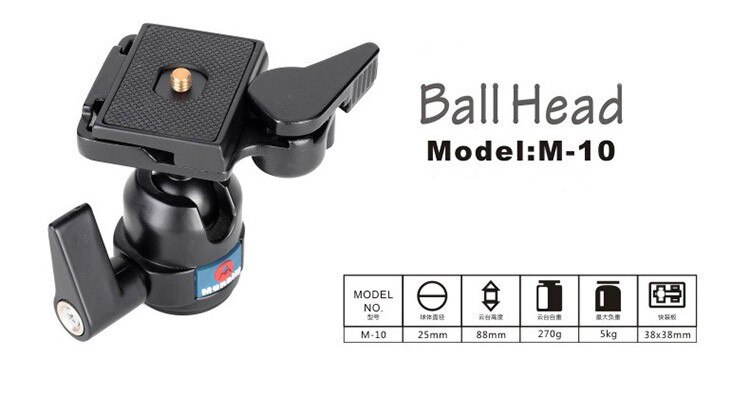 Manbily M10 Professionele Statiefkoppen Universal Ball Head w Manfrotto 200PL-14 Snelle Montageplaat voor Camera Canon Nikon DSLR